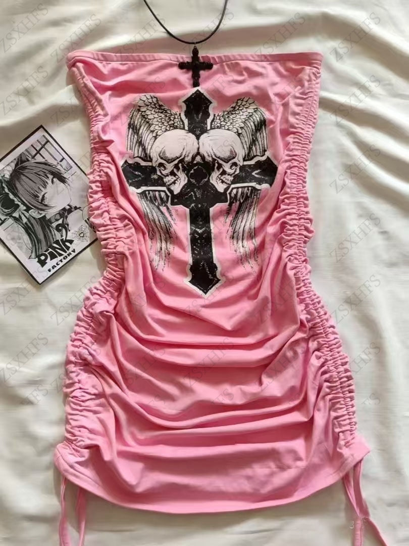 Sonicelife Pink Dress Women Kawaii Clothing Gothic Sexy Summer Backless High waist Shirr Patry Dresses Harajuku Kpop Girl Vintage Dress Y2k