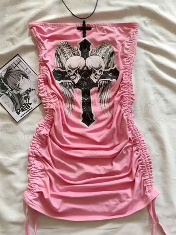 Sonicelife Pink Dress Women Kawaii Clothing Gothic Sexy Summer Backless High waist Shirr Patry Dresses Harajuku Kpop Girl Vintage Dress Y2k