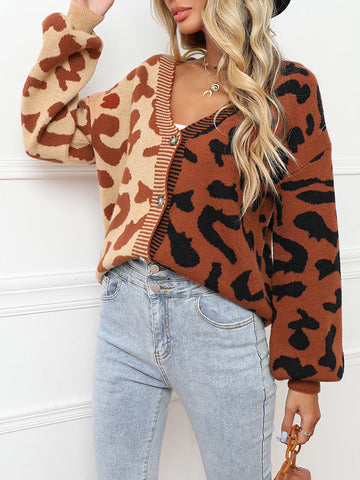 christmas outfit Sonicelife Long Sleeves Loose Buttoned Leopard Split-Joint V-Neck Cardigan Tops