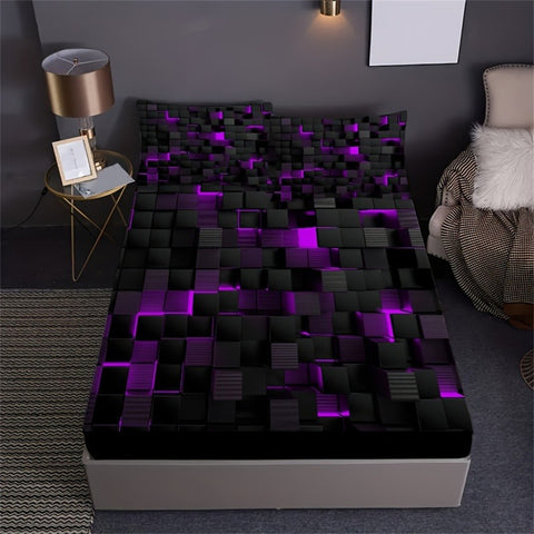 Sonicelife Red Grid 3D Visual Geometry Art Print Fitted Sheet Set Mattress Covers Soft Breathable Bedding Set With Deep Pocket for Bedroom