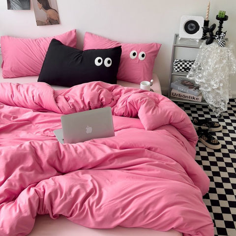 Sonicelife Ins Style Big Eyes Duvet Cover No Filling Double Mix Color Flat Sheet Pillowcases Washed Cotton Embroidery Queen Bedding Set