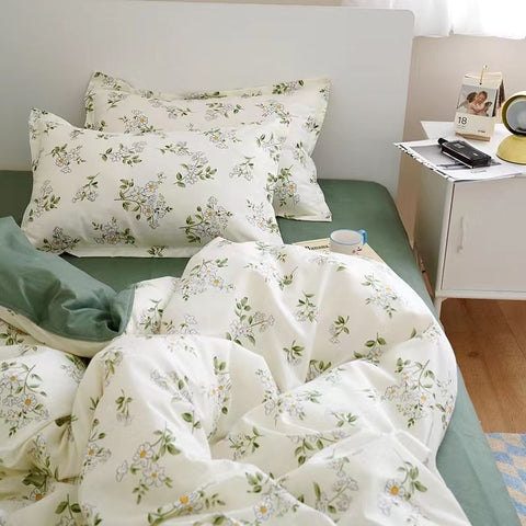 Sonicelife Ins Floral Bedding Set Soft Duvet Cover with Zipper No Filler Flat Sheet Pillowcase Cream Green Twin Queen Size Bed Linens