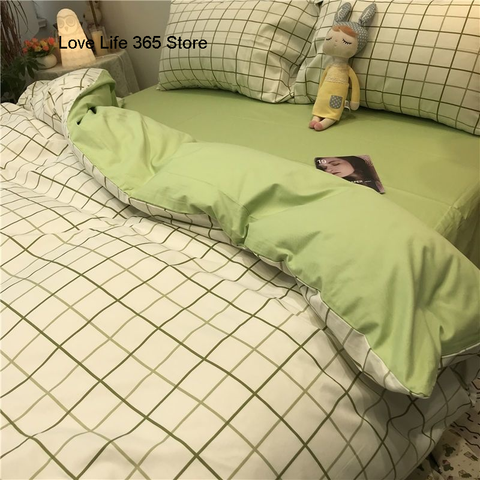 Sonicelife Nordic Style Green Bedding Set Fashion Soft Check Pattern Duvet Cover Pillowcase Bed Sheet For Girl Double Queen King Bedclothes