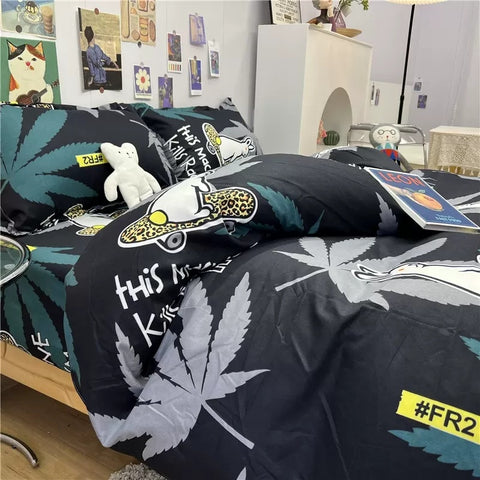 Sonicelife Ins Pink Cute Duck Cartoon Fruit Printed Bedding Set Soft Queen King Size Flat Bed Sheet Quilt Cover Pillowcase Kawaii