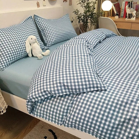 Sonicelife Blue Plaid Bedding Set Fashion Soft Bed Linen Single Full Queen Size Boys Girls Duvet Cover Flat Sheet Pillowcases Kit