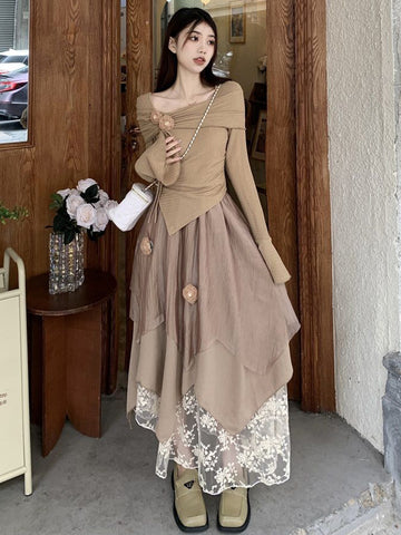 Sonicelife Elegant Irregular Long Sleeve Chic Tops Women Y2K High Waist Pleated A Line Skirt Autumn New All Match Slim Two Piece Sets