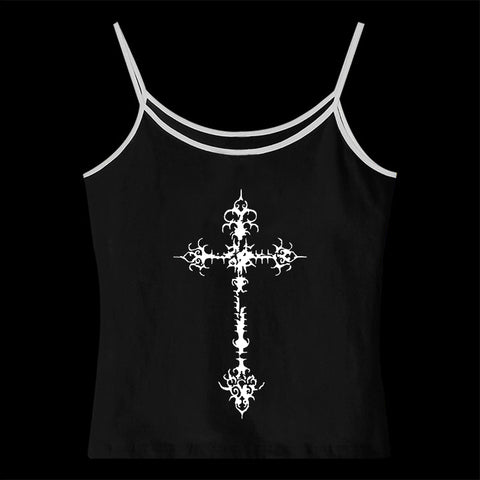 Sonicelife Y2K Gothic Grunge Punk Aesthetic Print Lace Camisole Top Fashion Sexy Sleeveless Slim Chic Crop Top 90s Vintage Rock Women's Tee