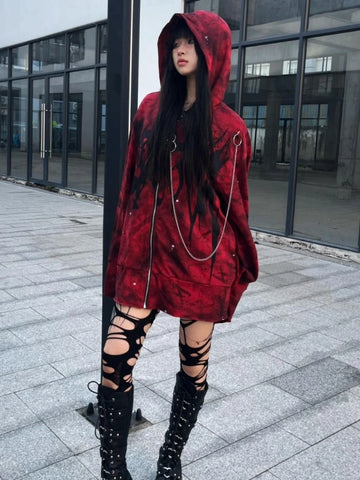 Sonicelife 2025 Y2k Aesthetic Printing Punk Hoodies Women Grunge Loose Pocket Oversized Hooded Hoody Harajuku Streetwear Zipper Sweatshirts