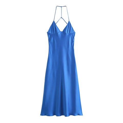 Sonicelife Women's New Printed V-Neck Hanging Neck Long Dress Silk Satin Texture Open Back Sexy Underwear Dress