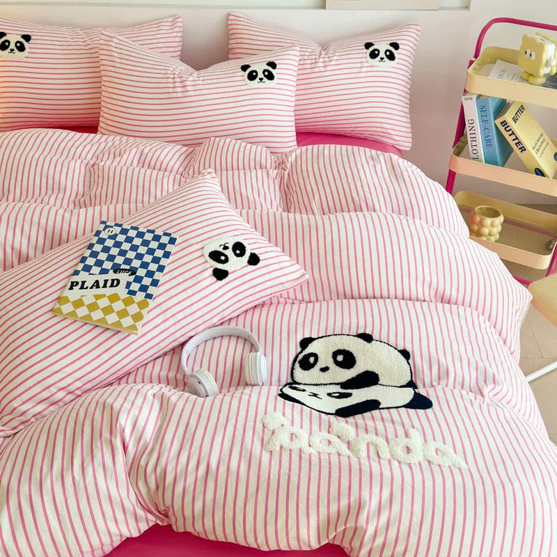 Sonicelife Striped Bedding Set Full Size Cartoon Duvet Cover for Kids Purple Bed Sheet Set Single Size Panda Towel Embroidery Bedding Sets