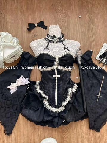 Sonicelife Women Lace Top + Blakc Cake Mini Skirt + Sleeve Cosplay Vintage Clothing Black Gothic Lolita Suits Y2k Halloween 2 Piece Set