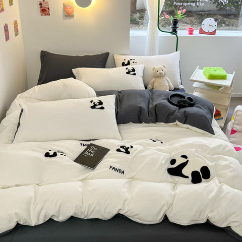 Sonicelife Ins Cartoon Panda Bedding Set Towel Embroidery Duvet Cover Queen Twin Full Size Grey Bed Flat Sheet Quilt Cover Pillowcases