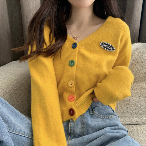 Sonicelife V Neck Cropped Cardigan Sweaters Women Casual Sweet Rainbow Buttons Knitted Coat Korean Female Autumn Loose Long Sleeve Top