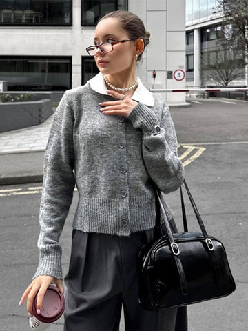 Black Friday Sonicelife Retro Knitted O-neck Short Cardigan Women Casual Loose Gray Single Breasted Sweaters Female Elegant Autumn Chic Base Knitwear