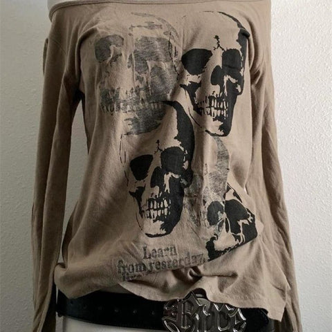 Sonicelife Skulls Punk Sexy T Shirt Women Clothes Vintage 90s Long sleeves Gothic Sweetwear Hip Hop Girl Tees Kpop Crop Tops Aesthetic Y2k