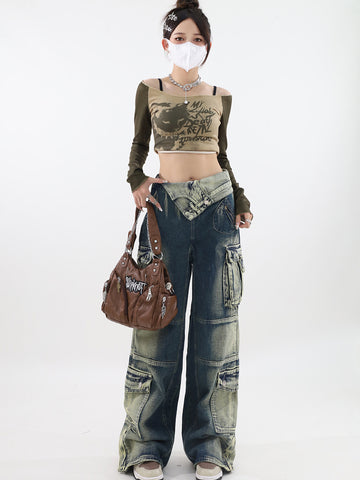 christmas outfit Sonicelife Women's Wide Cargo Jeans Fashion 90s Aesthetic High Waist Denim Trousers Harajuku Korean Baggy Jeans Pants Grunge 2000s Clothes