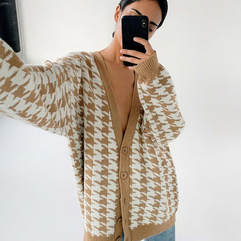 Sonicelife Vintage Houndstooth Cardigan Women Streetwear Loose Long Sleeve V Neck Knitted Coats American Retro Casual Oversize Tops