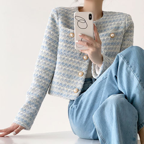 Sonicelife Vintage Crop Jackets Women Autumn Winter French Elegant Loose Preppy Style Coat O Neck All Match Casual Striped Jacket Tops