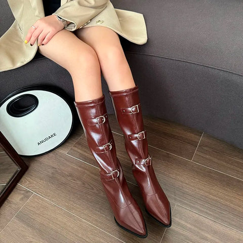 Sonicelife Pointed Toe Women Knee High Boots Belt Buckle Design Black Brown Wedge High heels Slip On Winter Knight Chelsea Botas Sexy Party