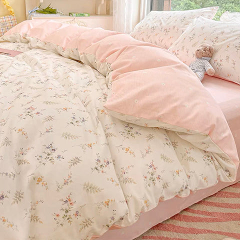 Sonicelife Ins Pink Flowers Bedding Set Fashion Flat Sheet Duvet Cover No Filling Pillowcase Twin Full Queen Nordic Boy Girl Bed Linen