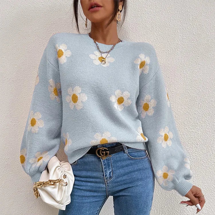 christmas outfit Sonicelife Autumn Winter New College Style Flower Knitted Coat Loose Fashion Round Neck Pullover Print Long Sleeve Sweater Women's Tops