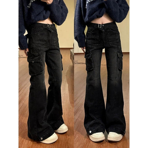 Sonicelife Vintage Wash High Waist Cargo Jeans
