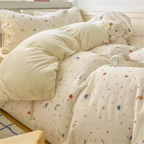 Sonicelife Ins Milk Velvet Bedding Four-Piece Set Thick Double-Sided Flannel Quilt Cover Plus Velvet Sheets Winter Bedding Three-Piece Set