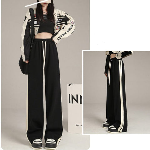 Sonicelife Korean Fashion Wide Leg Pants Women Casual High Street Striped Straight Pants Autumn New All Match Loose High Waist Trousers