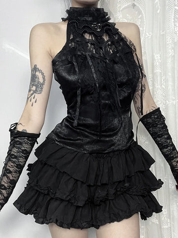 Sonicelife Gothic Aesthetic Vest Women Streetwear Vintage Lace Patchwork Halter Crop Tank Tops Elegant Grunge Coquette Rave Outfits