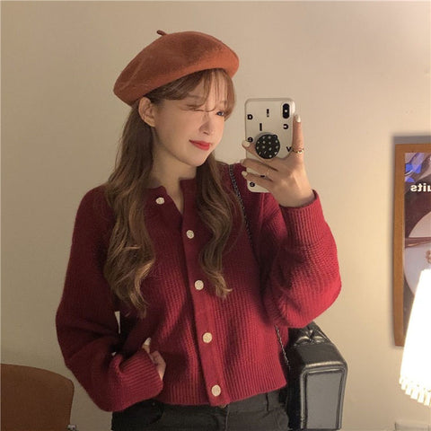 Sonicelife Korean Sweet Cardigan Women Long Sleeve Fashion Elegant Knitted Tops Casual O Neck Single Breasted Female Casual Cardigan