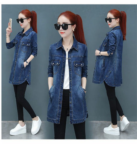 Sonicelife 2025 New Autumn Winter Korean Denim Jacket Women Slim Long Base Coat Women's Frayed Navy Blue Casual Female Jeans Jackets Coats