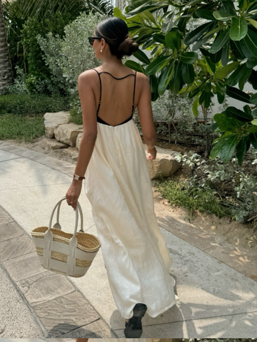 Sonicelife Fashion Loose Patchwork Spaghetti Strap Long Dress Elegant Pleated Off-the-shoulder Backless Gown New Lady Holiday Beach Robes