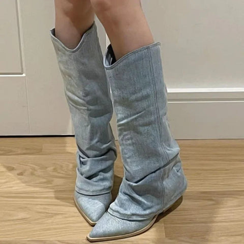 Sonicelife Pointed Toe High Heel Trouser Tube Boots New Female Western Cowboy Knight Boots Denim Splicing Street Style Sewing Fashion Shoes