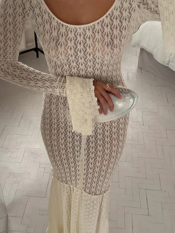 Sonicelife Knitted Hollow Out Long Dress Women Sexy O-neck Flare Sleeve See Through Patchwork Dresses 2024 Summer Lady Elegant Beach Robe