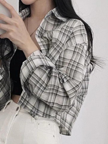 Sonicelife Vintage Plaid Short Loose Long Sleeve Blouse