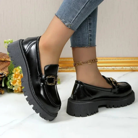 Sonicelife 2025  Female Shoes Women Fashion Mary Janes Round Toe Flats Loafers Oxfords Platform Casual Metal Chain Buckle  Heels Black