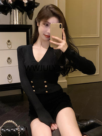 Sonicelife 2025 Autumn Black Casual Knitted Sweater Woman Outwear Basic Korean Fashion Blouse Office Lady Bodycon Slim Y2k Crop Tops Chic