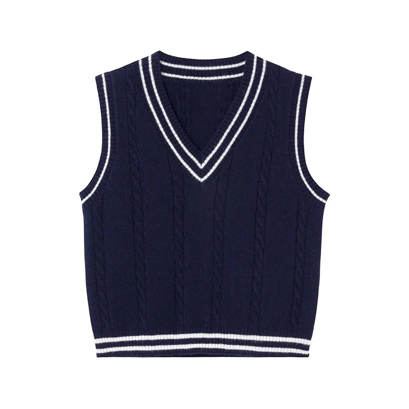 Sonicelife Women Autumn Preppy Style Knitted Vest Striped Vintage Sleeveless Sweater Winter Worn Outside Loose V Neck Jumpers Waistcoat
