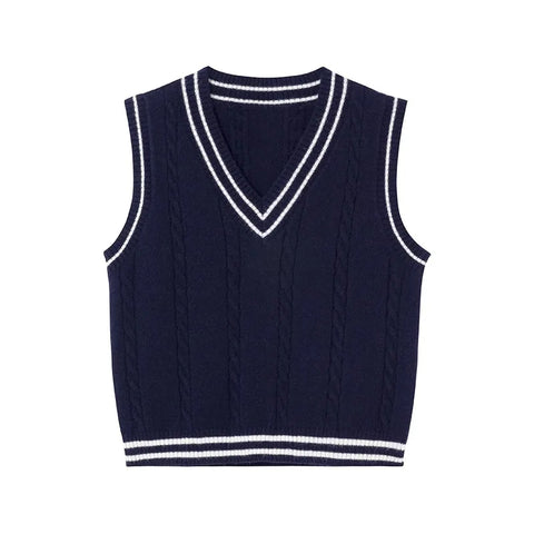 Sonicelife Women Autumn Preppy Style Knitted Vest Striped Vintage Sleeveless Sweater Winter Worn Outside Loose V Neck Jumpers Waistcoat