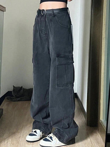 Sonicelife-Big Pocket Dangle Cargo Jeans