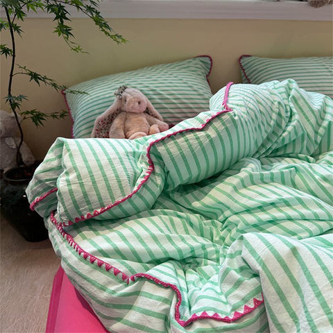 Sonicelife Minimalist Style Green Strip Bedding Sheet Ins Nordic Duvet Cover Set Home Luxury Bedding Set Bed Sheets Comfortable Bedspread