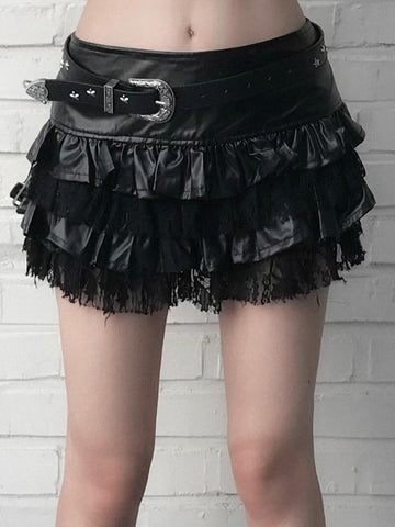 Sonicelife Harajuku Y2k Pu Cake Skirt Women Dark Gothic Cyber Punk Streetwear Hotsweet Lace Patchwork Low Waist Skirt Without Belt