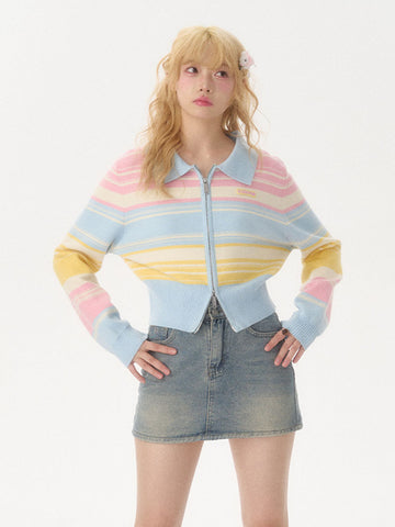 Sonicelife Fashion Rainbow Cardigan Sweaters Women Casual Zipper Sweet Knitted Short Coat Japan Slim Long Sleeve Female Fall Tops New