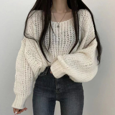 Sonicelife Women Hollow Out Solid Sweater Lantern Sleeve O-Neck Knitted Pullovers Casual Loose Sweater For Women 2024 Autumn Winter