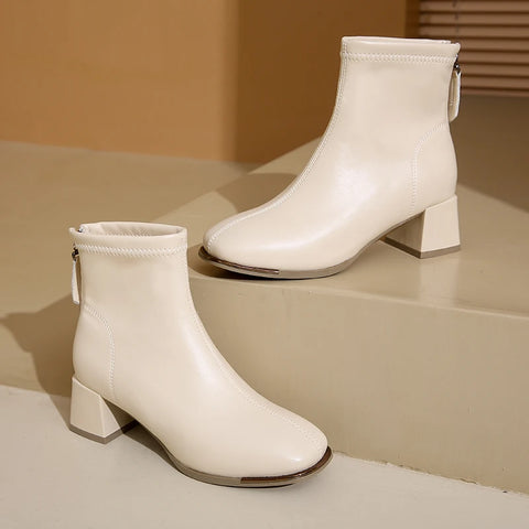 Sonicelife 2025  Winter New British Style Back Zipper Fashion Boots Women's Rough Heel Leather Suede Versatile Short Boots
