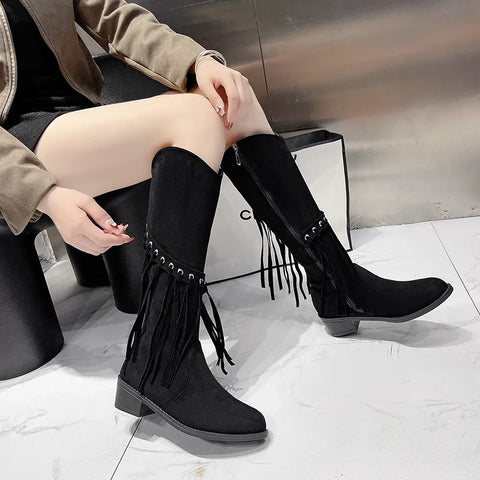 Sonicelife Luxury Shoes for Women 2025  Fashion Bohemia Knee-length Women's Boots New Pointed Tassels Faux Suede Boots Ladies Platform Shoes