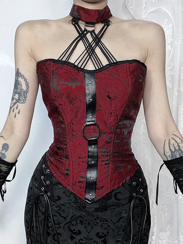 Sonicelife Mall Gothic Velevt Halloween Camisole Women Streetwear Vintage Jacquard Pu Patchwork Hollow Out Halter Crop Tank Tops