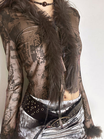 Sonicelife Aesthetic Vintage Y2k Jacket Women Dark Gothic Cyber Punk Streetwear Emo Grunge Printed Fur Patchwork Crop Coast Female