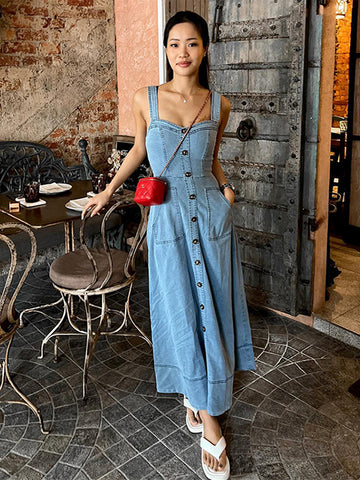 Sonicelife Fashion Denim Single Breasted Strap Dress Women V-neck Sleeveless Backless Pocket Spliced  Dresess 2024 Summer Lady Casual Robes