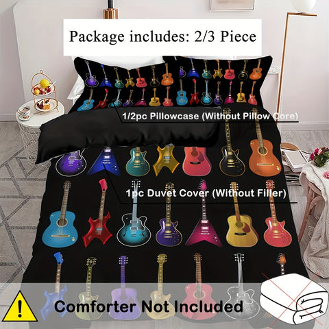 Sonicelife 2/3pcs Vibrant Guitar Music Instruments Duvet Cover Set - Soft & Stylish Bedding for Music Lovers 1 Duvet Cover + 1/2 Pillowcase